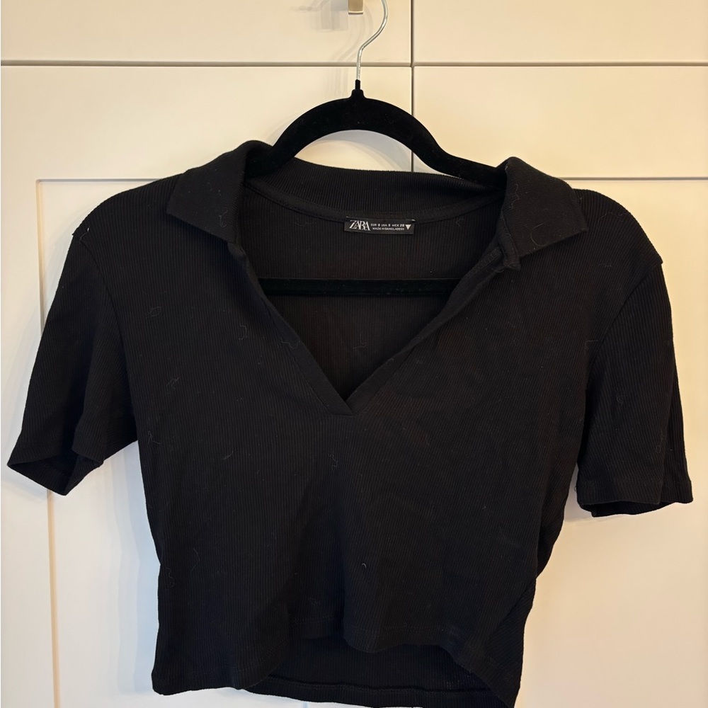 Zara Black Collared Crop Tshirt